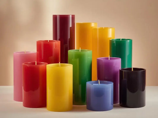 Vibrant assortment of customisable candles in various colors and sizes, ideal for creating your perfect candle.