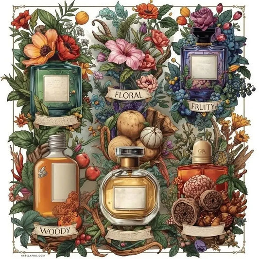 An artistic representation of Fragrance Families, showcasing floral, fruity, and woody notes with decorative perfume bottles.