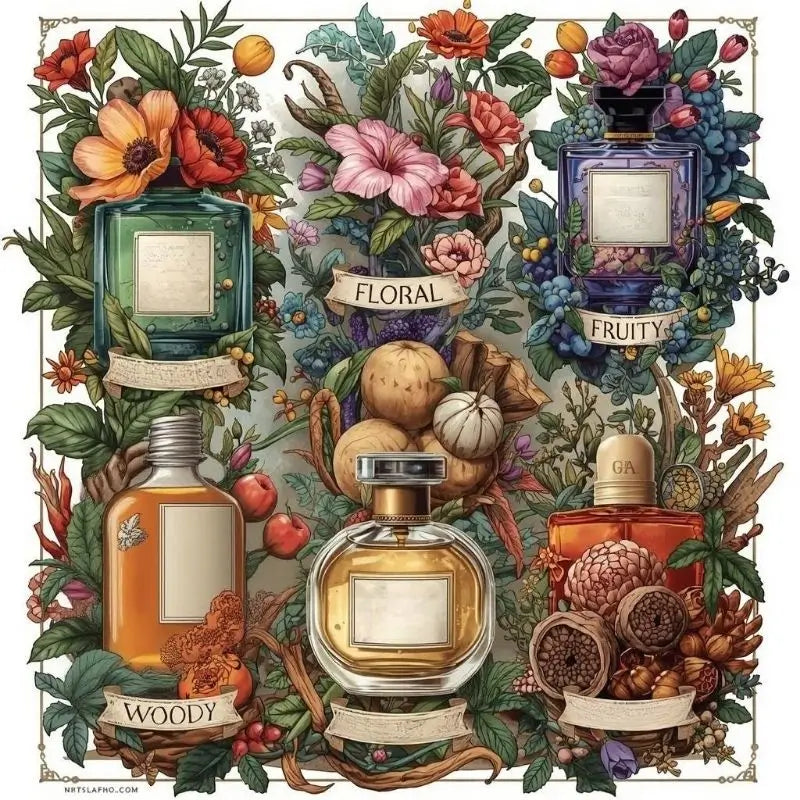 An artistic representation of Fragrance Families, showcasing floral, fruity, and woody notes with decorative perfume bottles.