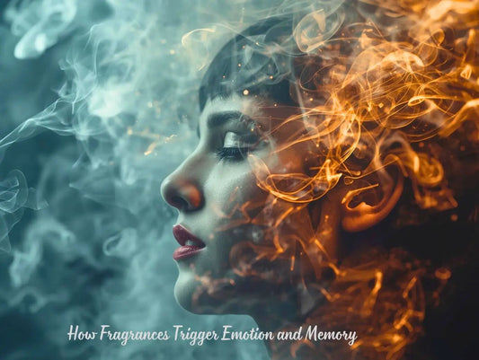 Woman surrounded by colorful smoke illustrating how fragrances trigger emotion and memory