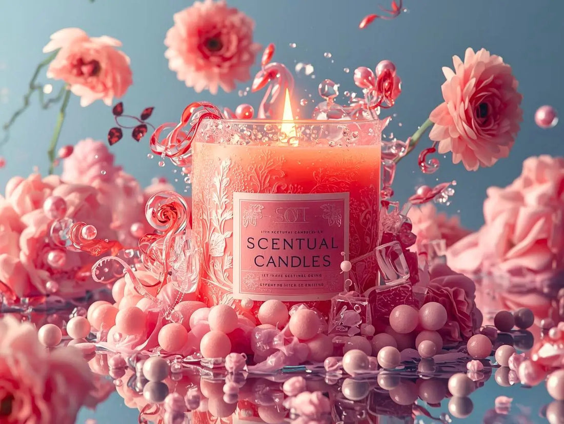 Pink scented candle surrounded by flowers and pearls, illustrating tips on How to Make Candles Last without losing scent.