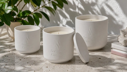Hydrostone Candle Vessels from Scentual Candles displayed on a textured surface with natural lighting.