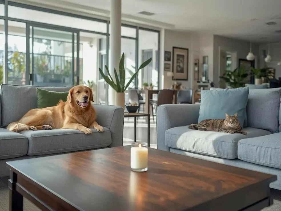 Pet Safe Candles in a cozy living room with a dog and cat relaxing on the sofas.