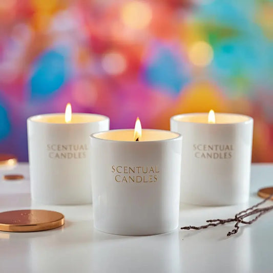 Phthalate Free Scented Candles in elegant white jars with a colorful background.