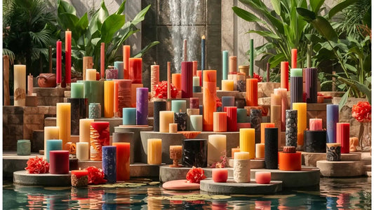 A vibrant collection of pillar candles in various colors and sizes arranged near a tranquil water feature.