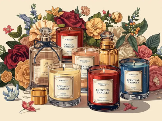 Collection of Scentual Candles surrounded by colorful flowers, showcasing elegant fragrance options.