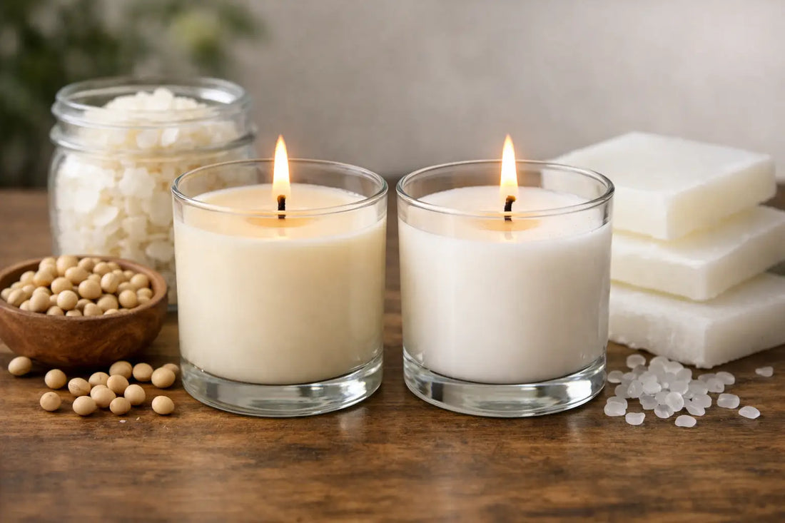 Soy vs Paraffin Candles side by side on a wooden table with wax materials around.