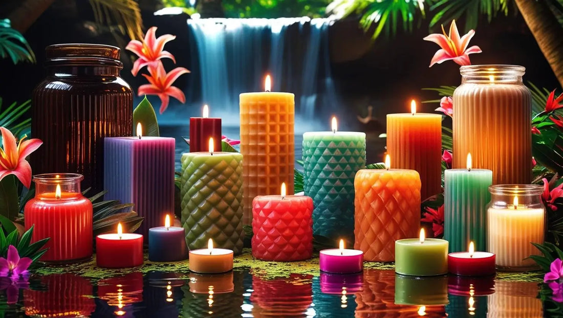 Colorful handcrafted soy candles from the All Products Collection by Scentual Candles, set against a waterfall background.