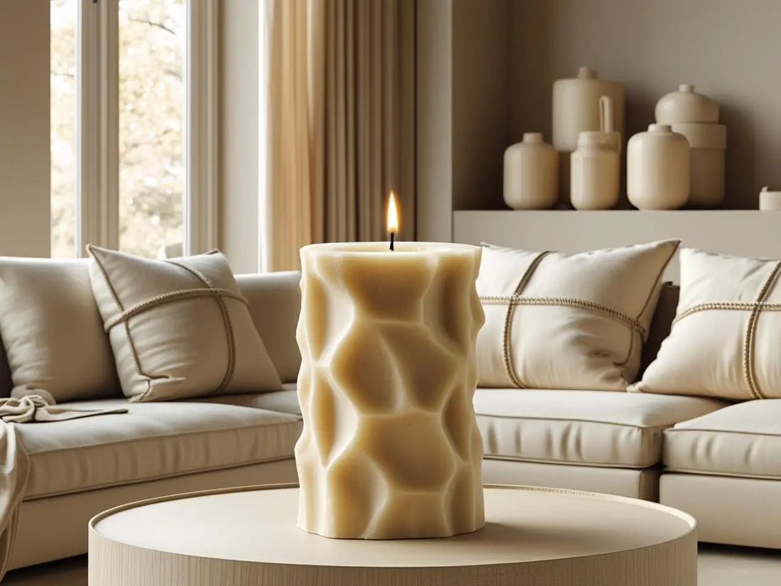 Beige Candles collection featuring a sculpted beige pillar candle on a table in a stylish neutral living room setting.