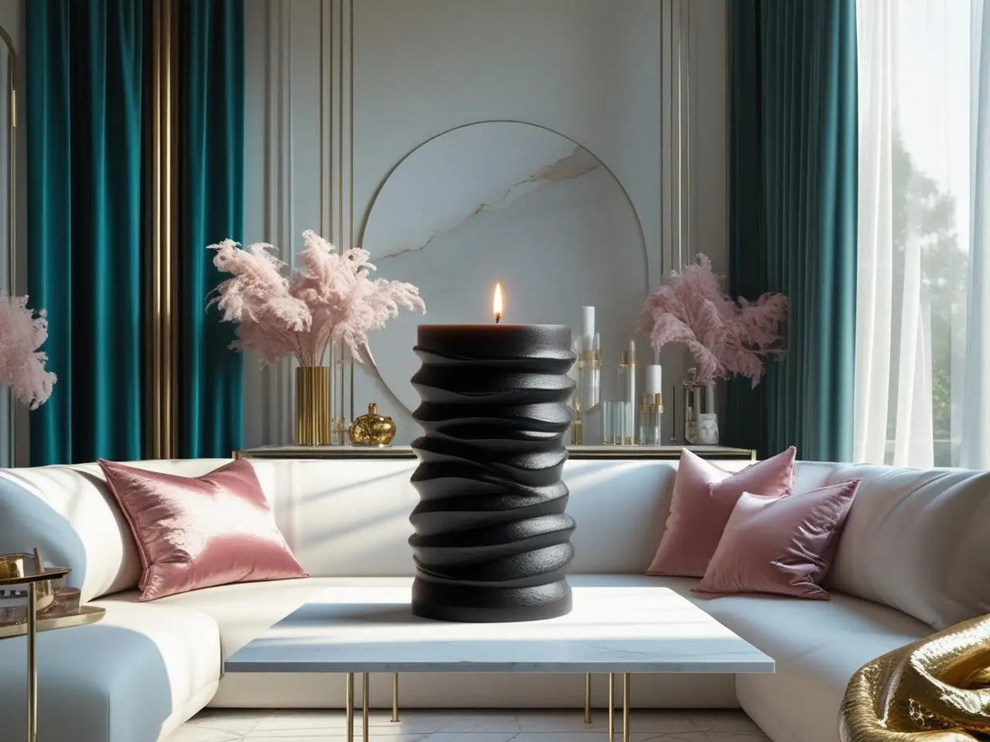 Black Candles - Modern black spiral candle in stylish living room with pink accents and natural light.
