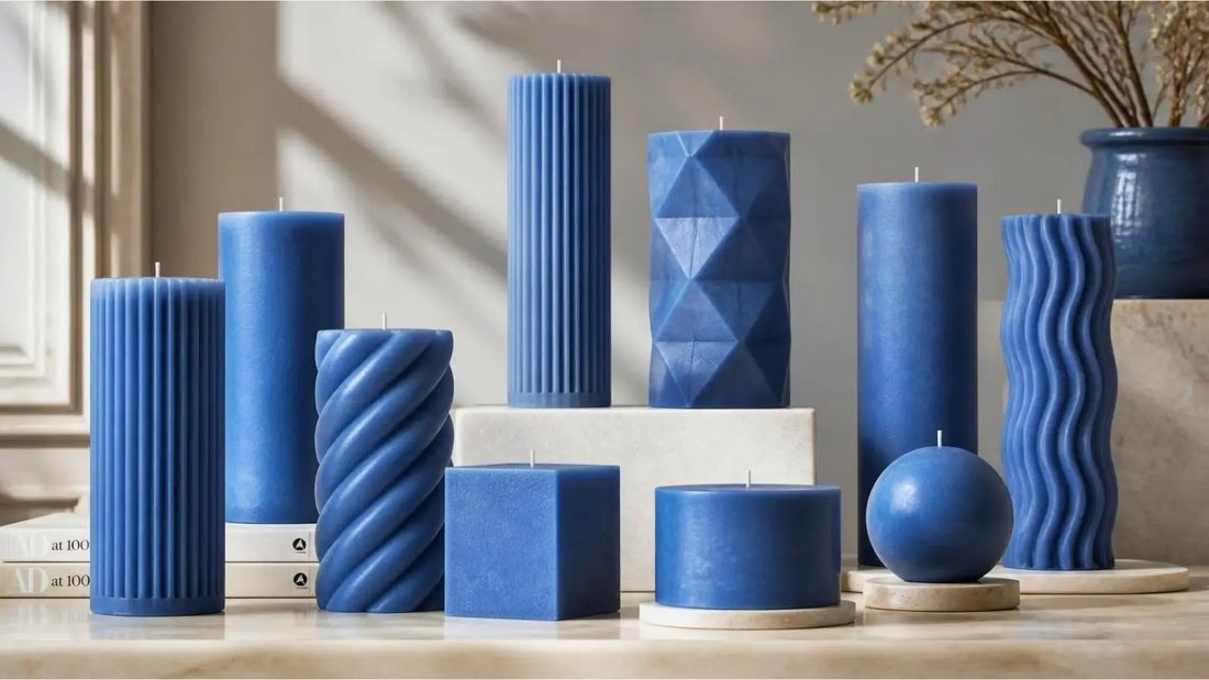 A visually striking display of decorative blue candles in various shapes and sizes, showcasing the elegance of Blue Candles.