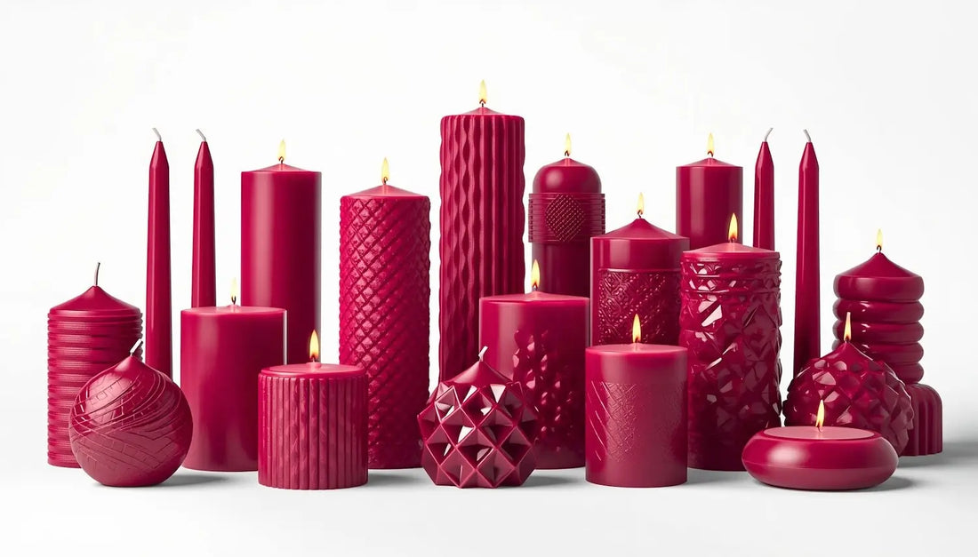 Burgundy Candles collection featuring decorative, sculptural, and freestanding designs in various shapes and sizes.