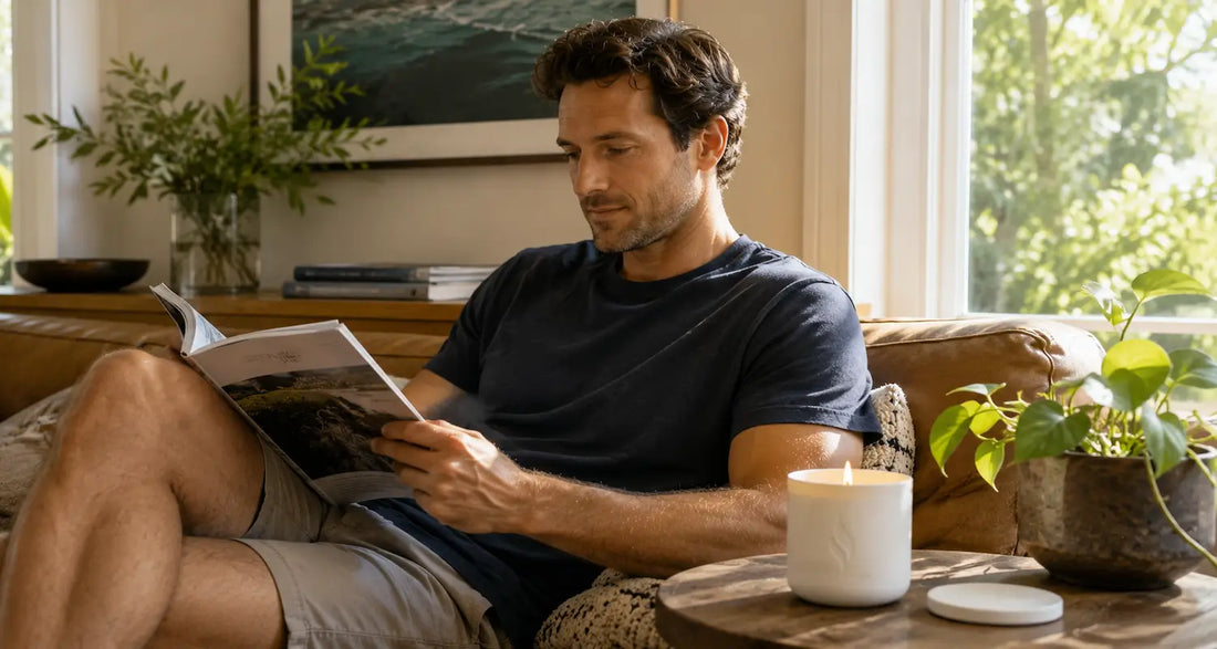 A man enjoying a magazine in a cozy living room, with a candle from the Candles For Men collection on the coffee table.