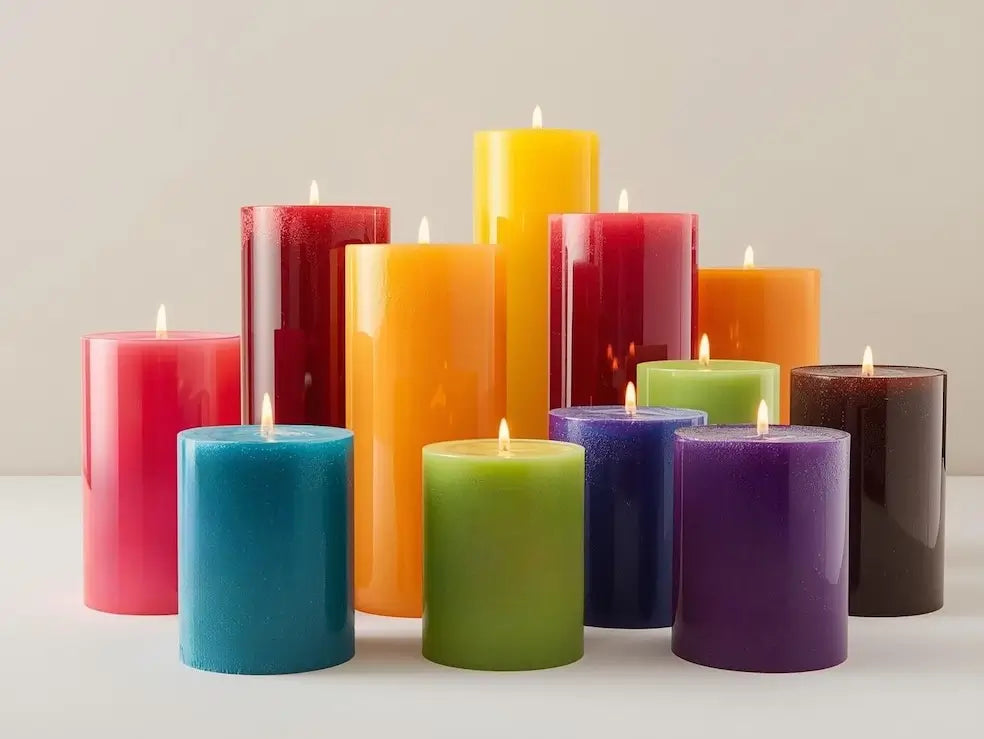 Customisable Candles in various colors arranged together, showcasing 12 color options for personalized design.