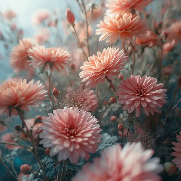 Blooming flowers representing Floral Fragrance Family Collection, capturing delicate, elegant aromas for a calm home atmosphere.