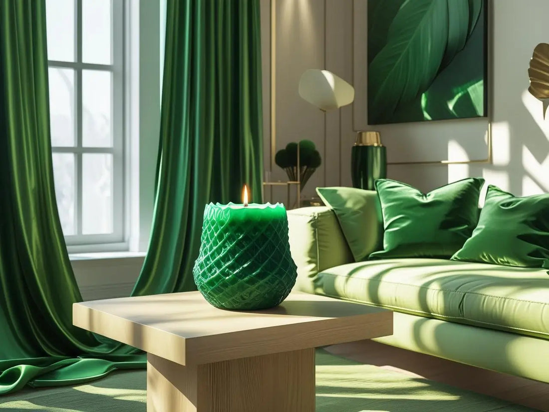 Green Candles - Decorative green candle on a wooden table in a stylish living room
