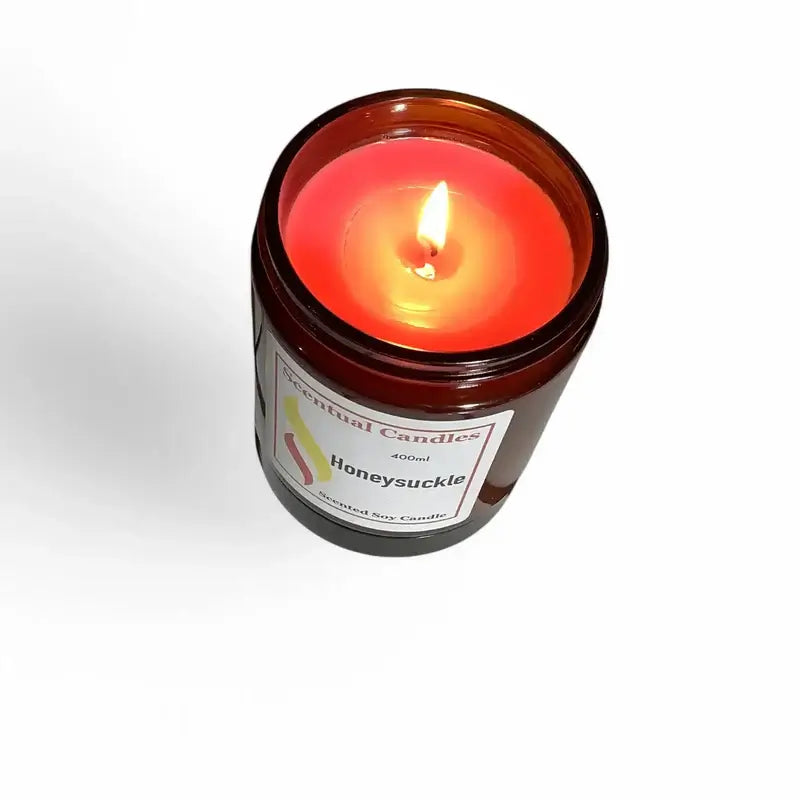 400ml Honeysuckle Soy Candle lit viewed from above