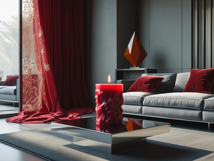 Luxurious living room with bold red sculptural candle on modern coffee table, creating a warm and dramatic atmosphere.