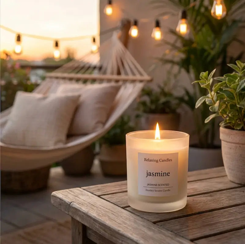 Jasmine scented Relaxing Candles on a serene patio with hammock after sunset.