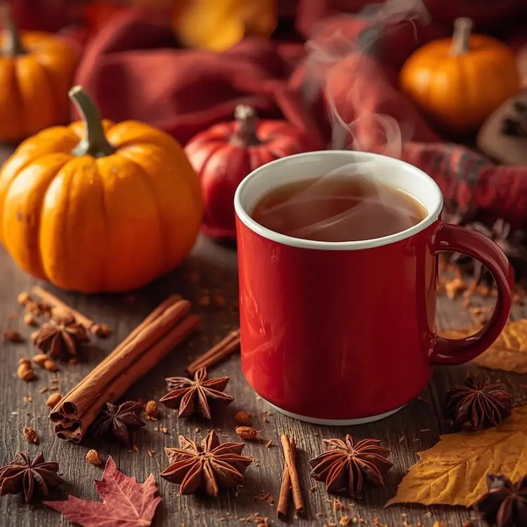 Warm and Spicy Fragrance Family: Aromatic spices, steaming mug, cinnamon sticks, and pumpkins creating a cozy, inviting atmosphere.
