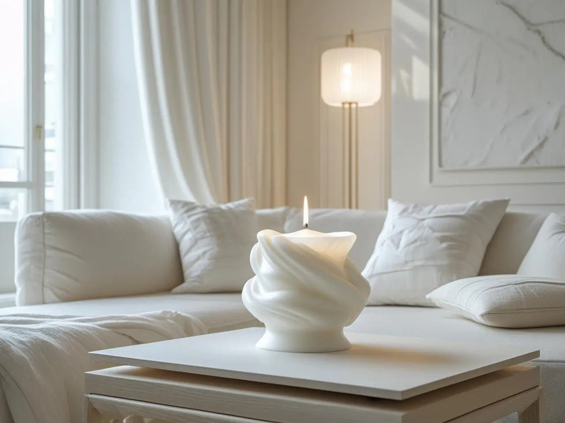 White Candles collection showcasing a sculptural candle in an elegant modern living room with natural light and minimalist decor.