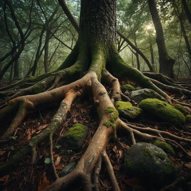 A forest scene showcasing tree roots and moss, embodying the essence of Woody and Earthy Fragrance Family.