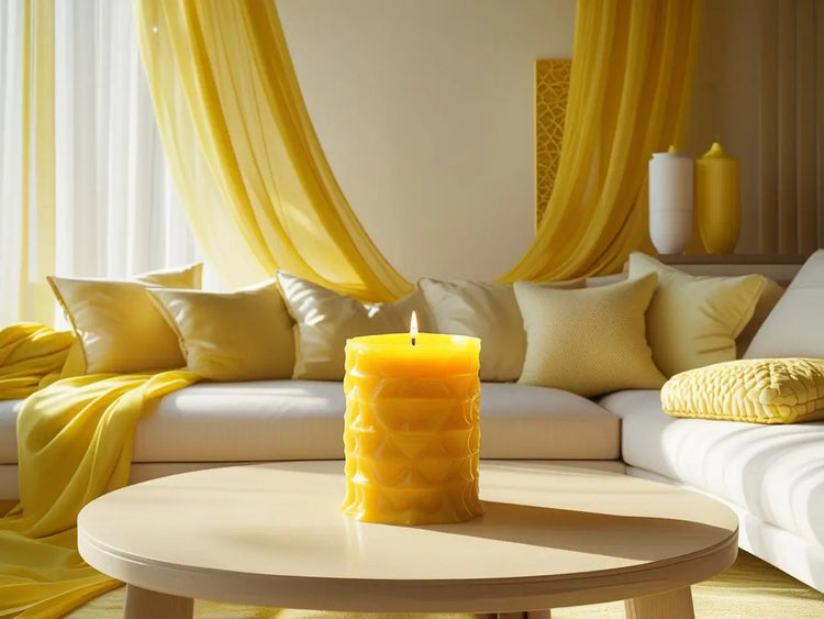 Yellow Candles centerpiece on coffee table in sunlit living room with yellow decor, adding a touch of sunshine.