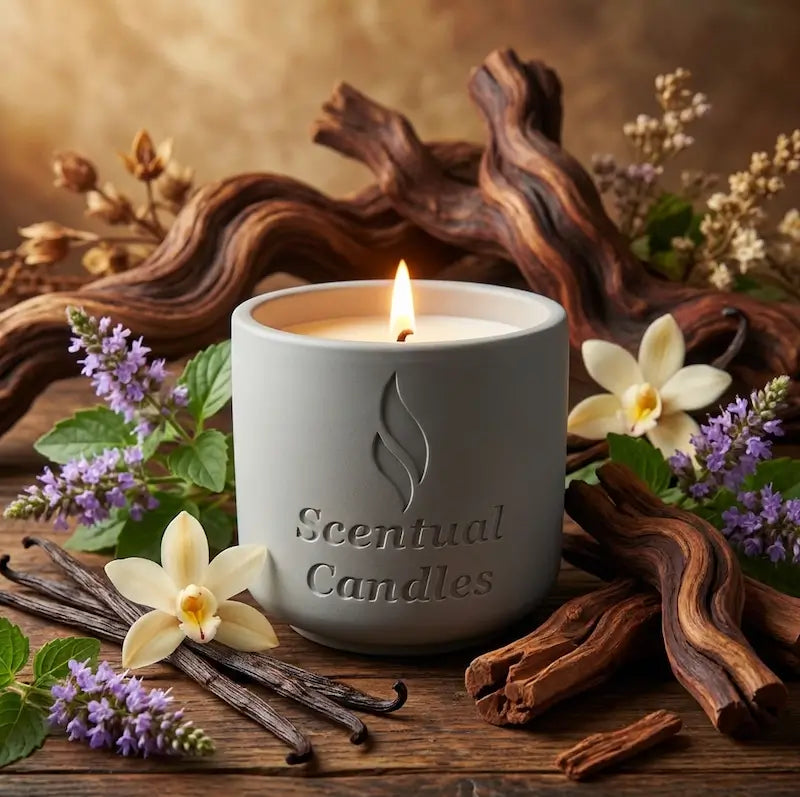 Best Scented Candles with floral decoration, showcasing a natural wax candle amidst greenery and wooden elements.