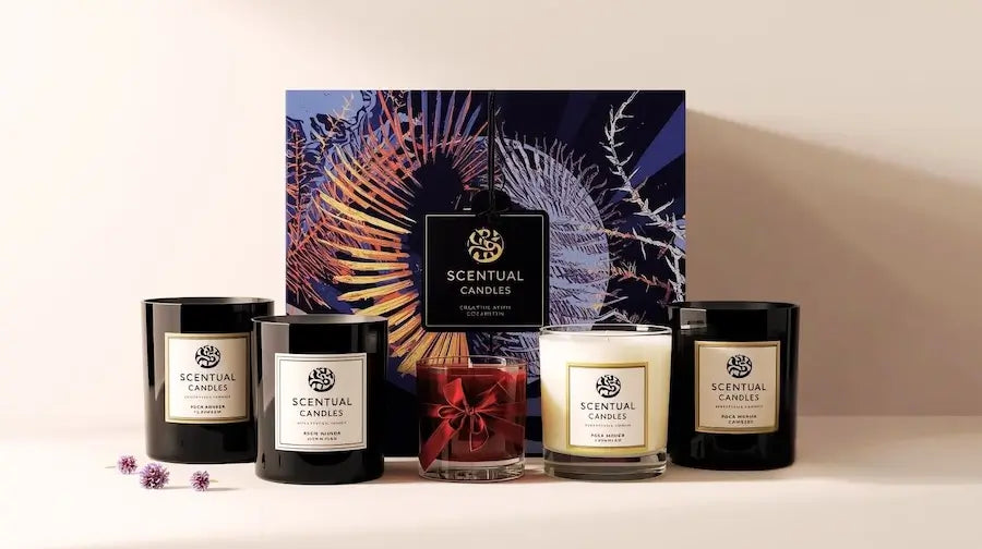 Candle Gift Sets featuring Scentual Candles collection showcasing various scented candles and gift packaging.