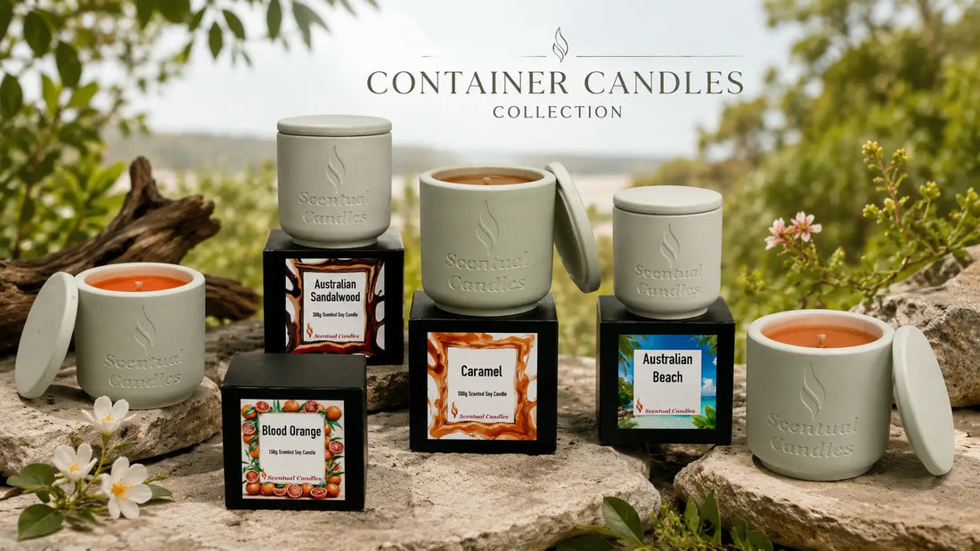 Lit gardenia Scented Soy candle in amber jar on table with people relaxing in cozy living room.