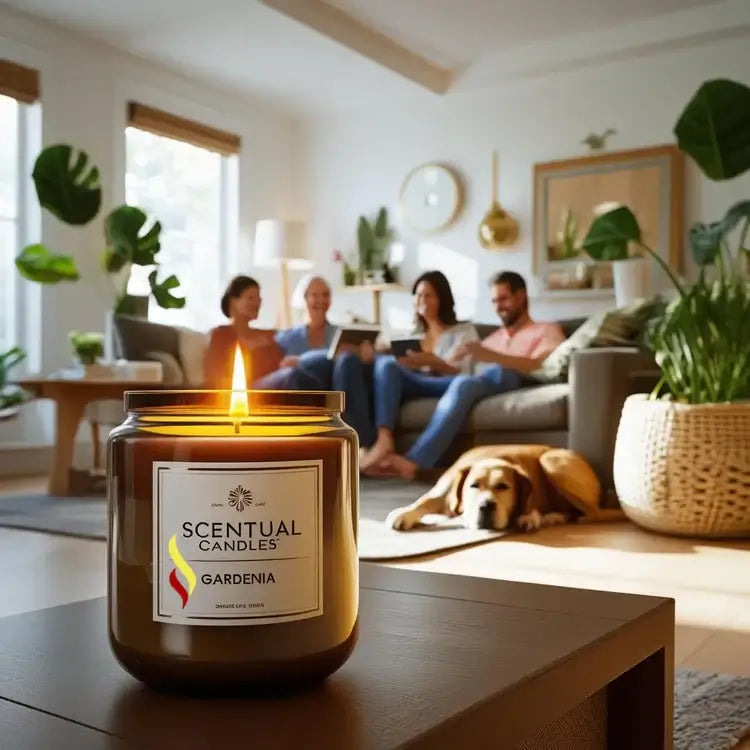 A candle burning in the living room of a family seated on the couch and the dog on the floor close by