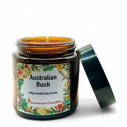 Australian Bush Candle with eucalyptus, pine, and lemon myrtle scent in a decorative jar, soy candle by Scentual Candles.