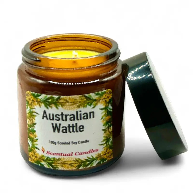Australian Wattle Scented Soy Candle in amber jar with open lid