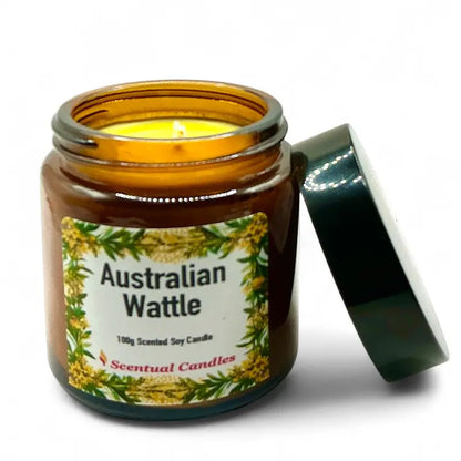 Australian Wattle Scented Soy Candle in amber jar with open lid