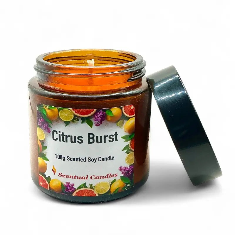 Scented citrus candle jar labeled 'Citrus Burst' with a colorful label on a white background