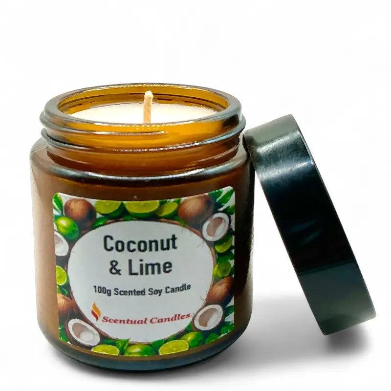 Coconut and Lime candle in an amber jar with a label on a white background
