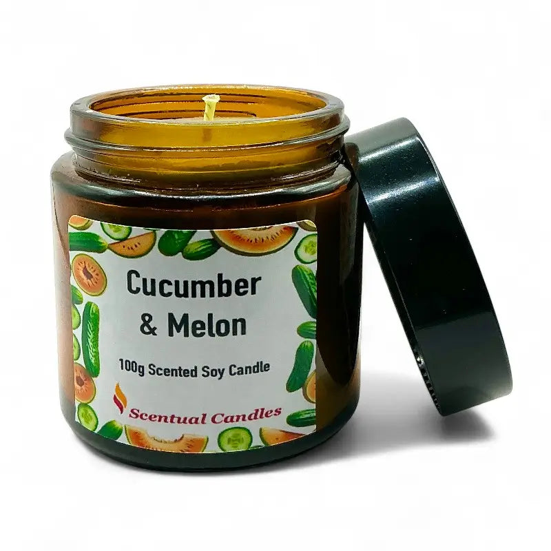 Candle jar labeled 'Cucumber and Melon' with a colorful label on a white background