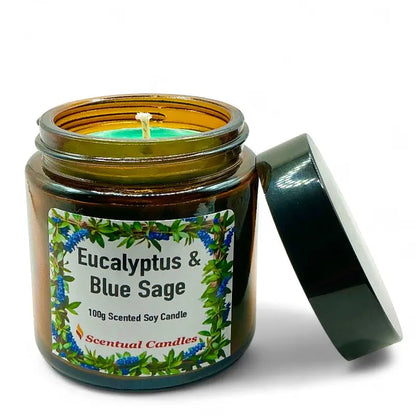 Scentual Candles Eucalyptus candle in a glass jar with a label.