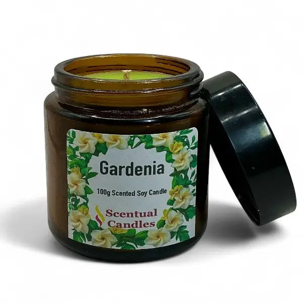 Scentual Candles Gardenia scented soy candle in a brown jar with a black lid on a white background