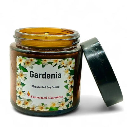 Gardenia Candle in glass jar with floral design, scented soy wax for a creamy floral aroma