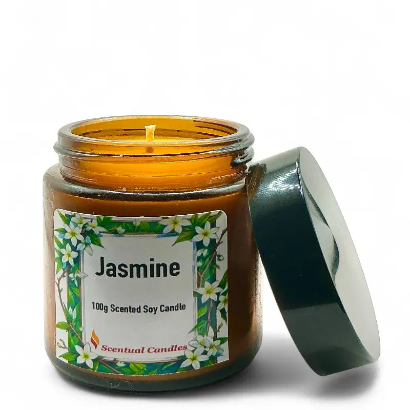 Jasmine Candle in a glass jar with floral label, scented soy sophistication for ambiance.