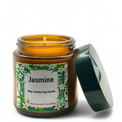 Jasmine Candle in a glass jar with floral label, scented soy sophistication for ambiance.