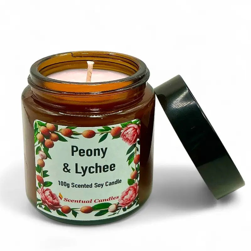 Peony and Lychee Scented Candle in elegant glass jar with lid, featuring floral and fruity fragrance, Lychee Scented Candle.