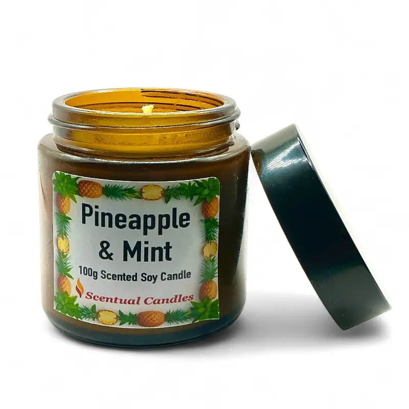 Scentual Candles pineapple and mint scented candle with label on a white background