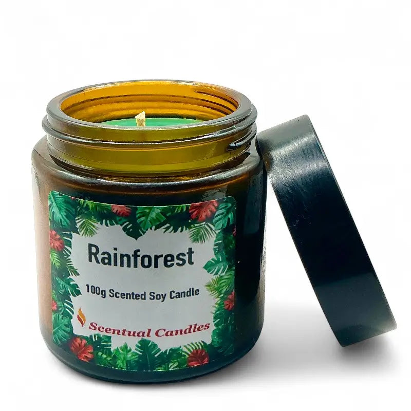Rainforest Scented candle in a jar labeled 'Rainforest by Scentual Candles on a white background.