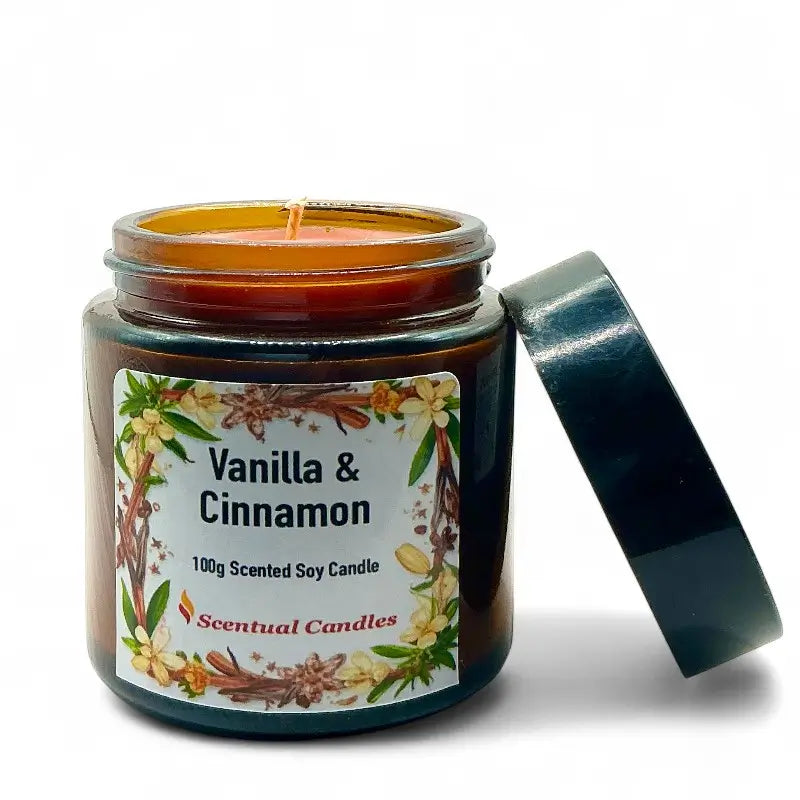 Vanilla and Spice Candle in 100g amber glass jar with open lid, Vanilla and Cinnamon Candle