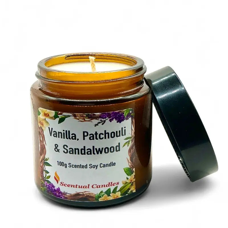 Vanilla and Spice Candle in 100g amber jar with open lid, vanilla patchouli and sandalwood part of set.