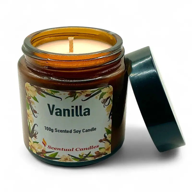 Vanilla scented candle in a glass jar with a label on a white background