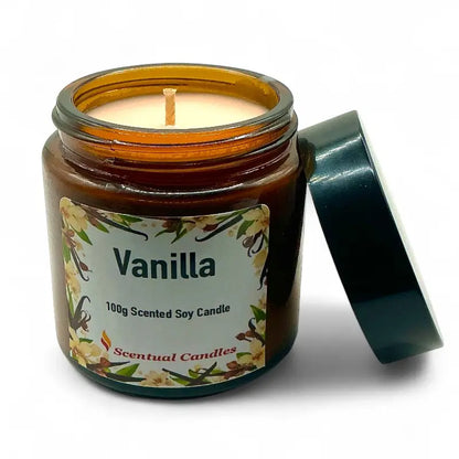 Vanilla scented candle in a glass jar with a label on a white background