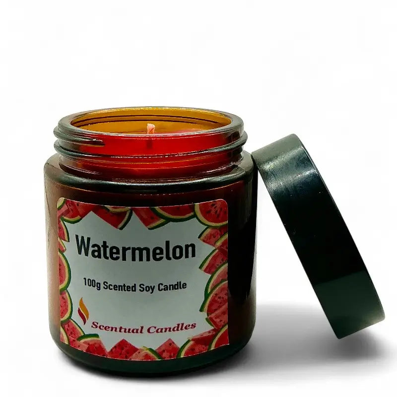 Watermelon Candle jar, scented soy candle with watermelon slices design, perfect for summer aromatherapy.